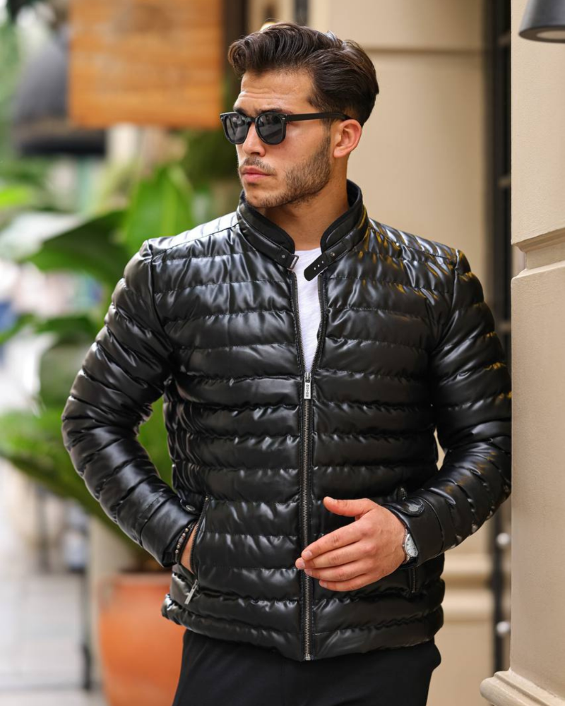 Siyah Erkek Deri Şişme Mont İçi Kür